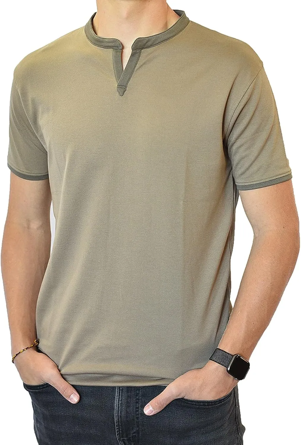 Men's Short Sleeve Soft Luxurious Rayon Blend, Breathable, Quick Dry, Henley Notch V-Neck, Banded Collar Shirt