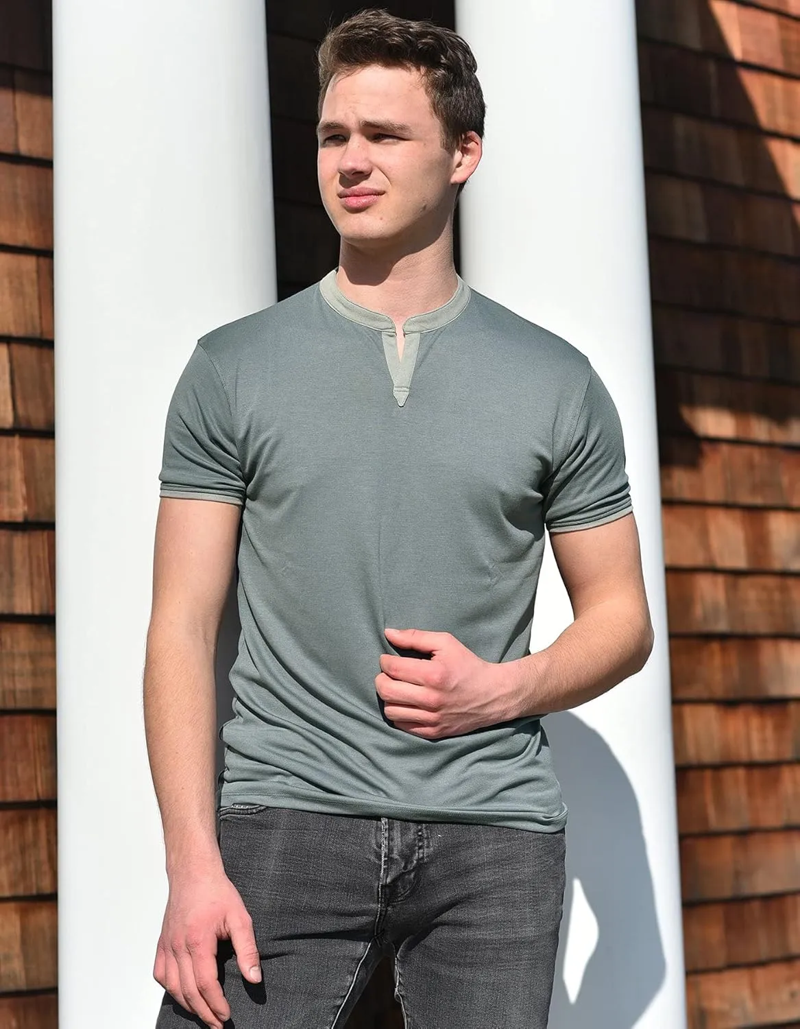 Men's Short Sleeve Soft Luxurious Rayon Blend, Breathable, Quick Dry, Henley Notch V-Neck, Banded Collar Shirt