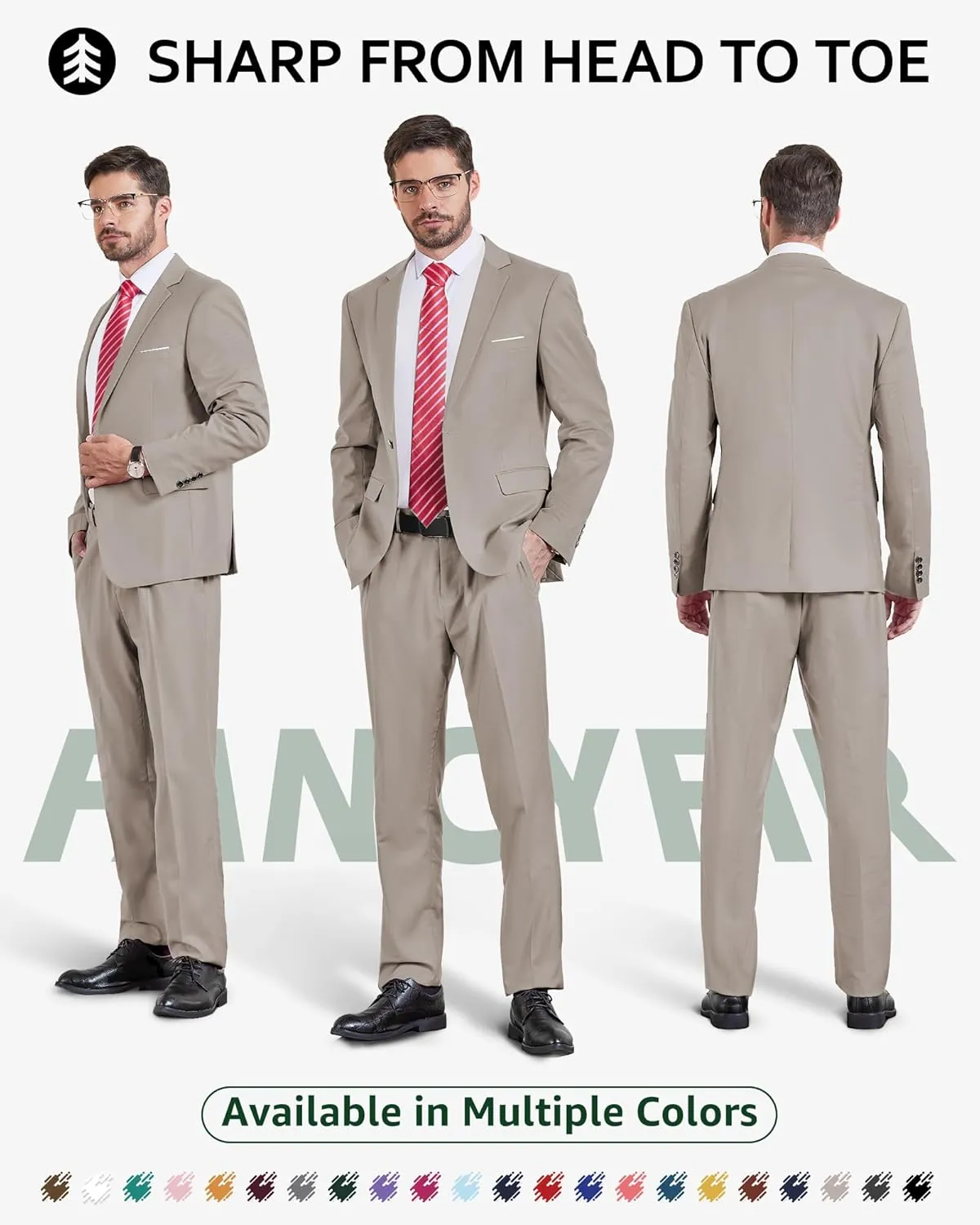 Men's Slim Fit 2 Piece Suit with Tie, One Button Solid Jacket and Pants for Business Weddings Party