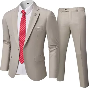Men's Slim Fit 2 Piece Suit with Tie, One Button Solid Jacket and Pants for Business Weddings Party