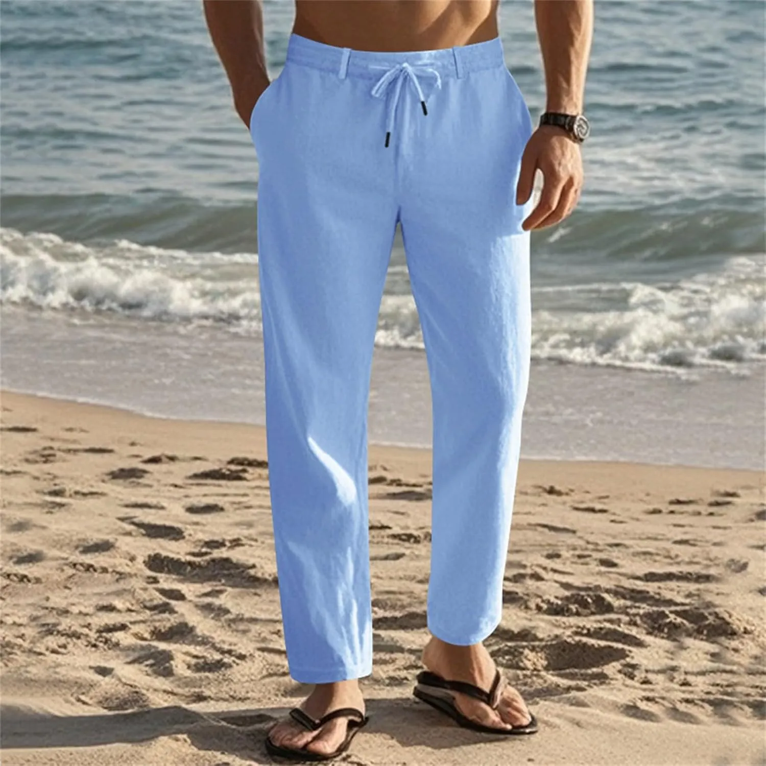 Men's Slim Fit Cotton Linen Pants Elastic Waist Lightweight Lacing Up Casual Pants Yoga Beach Trousers with Pockets