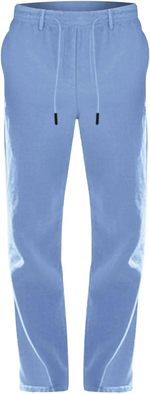 Men's Slim Fit Cotton Linen Pants Elastic Waist Lightweight Lacing Up Casual Pants Yoga Beach Trousers with Pockets
