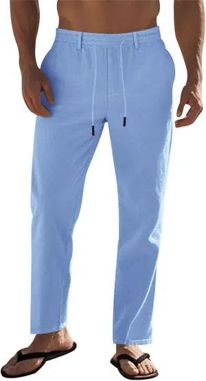 Men's Slim Fit Cotton Linen Pants Elastic Waist Lightweight Lacing Up Casual Pants Yoga Beach Trousers with Pockets