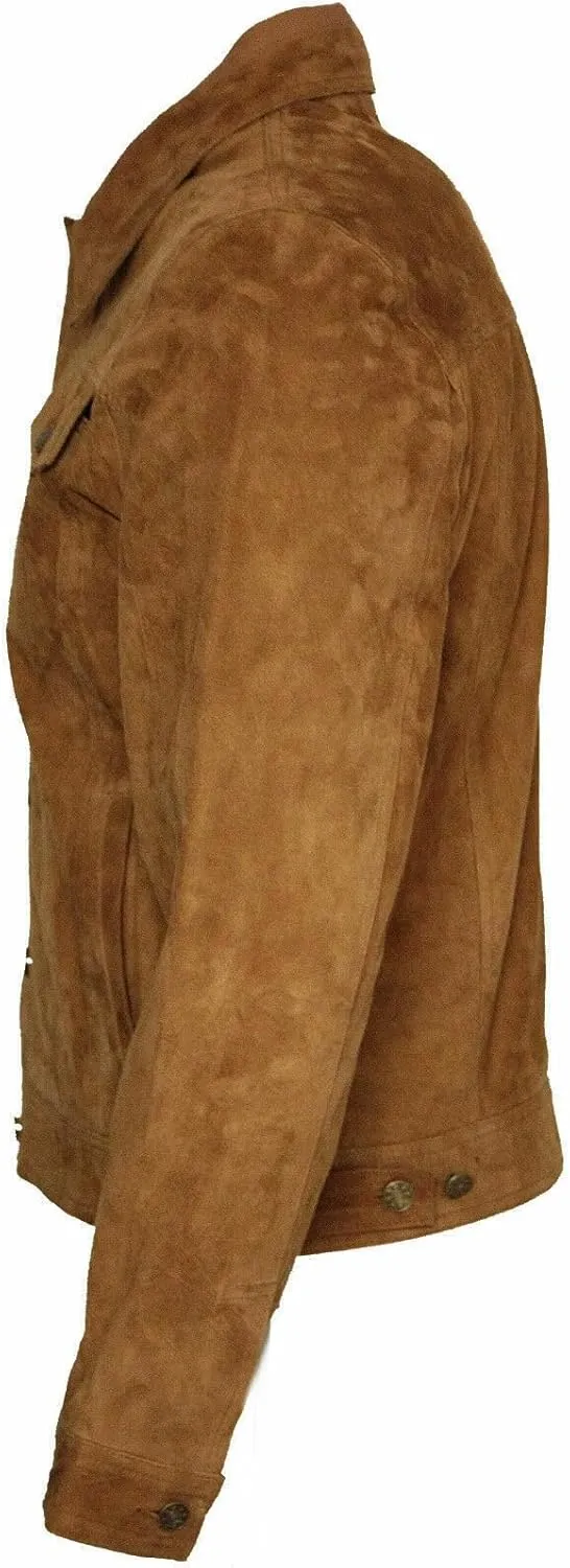 Men's Trucker Casual Goat Suede Leather Shirt Jeans Jacket