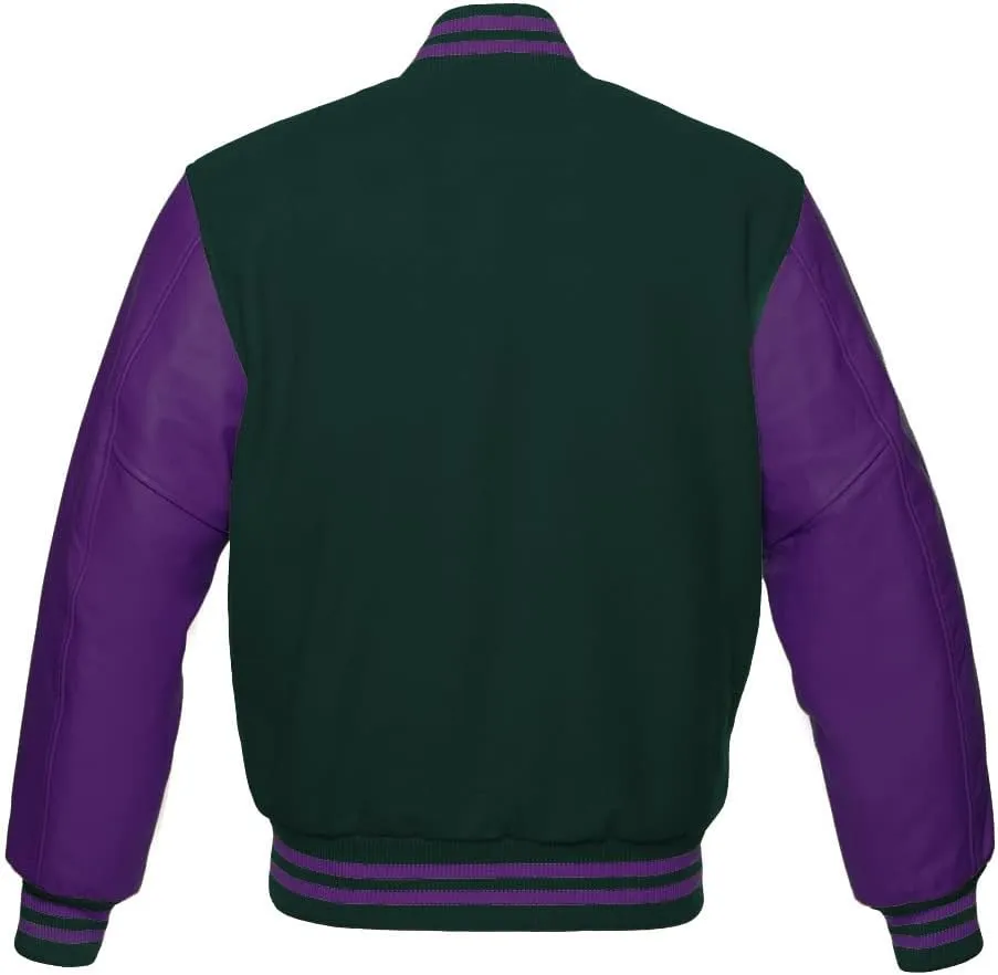 Men's Varsity Baseball Letterman Bomber Jacket Wool & Purple Genuine Leather Sleeves