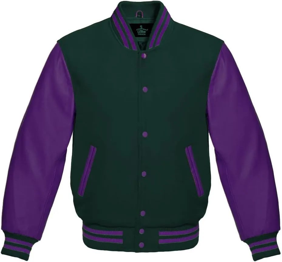 Men's Varsity Baseball Letterman Bomber Jacket Wool & Purple Genuine Leather Sleeves