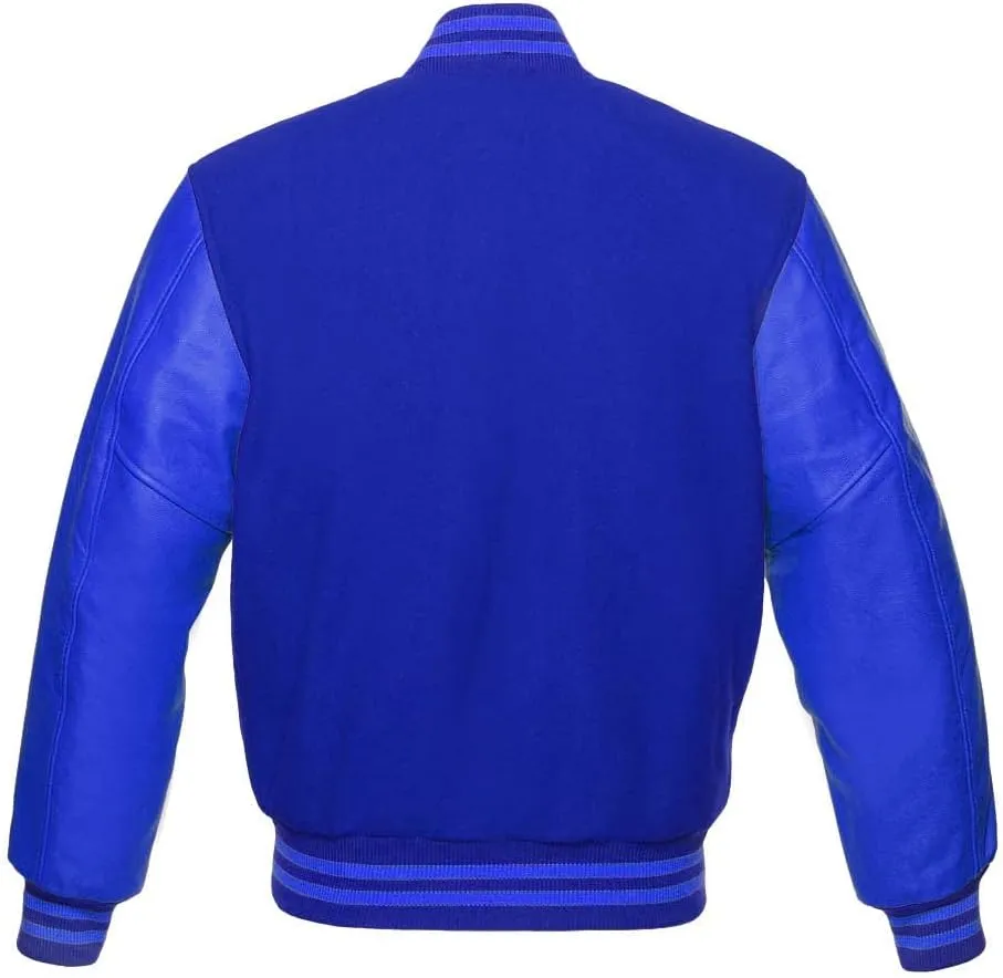 Men's Varsity Baseball Letterman Bomber Wool & Royal Blue Genuine Leather Sleeves D Logo Jacket