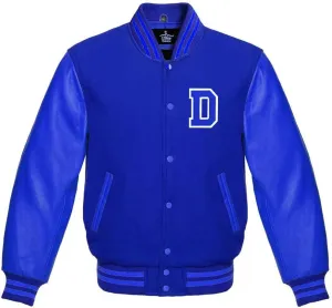 Men's Varsity Baseball Letterman Bomber Wool & Royal Blue Genuine Leather Sleeves D Logo Jacket