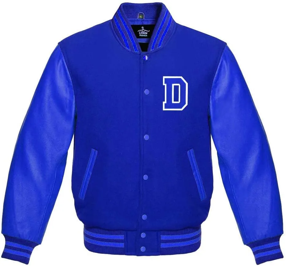 Men's Varsity Baseball Letterman Bomber Wool & Royal Blue Genuine Leather Sleeves D Logo Jacket