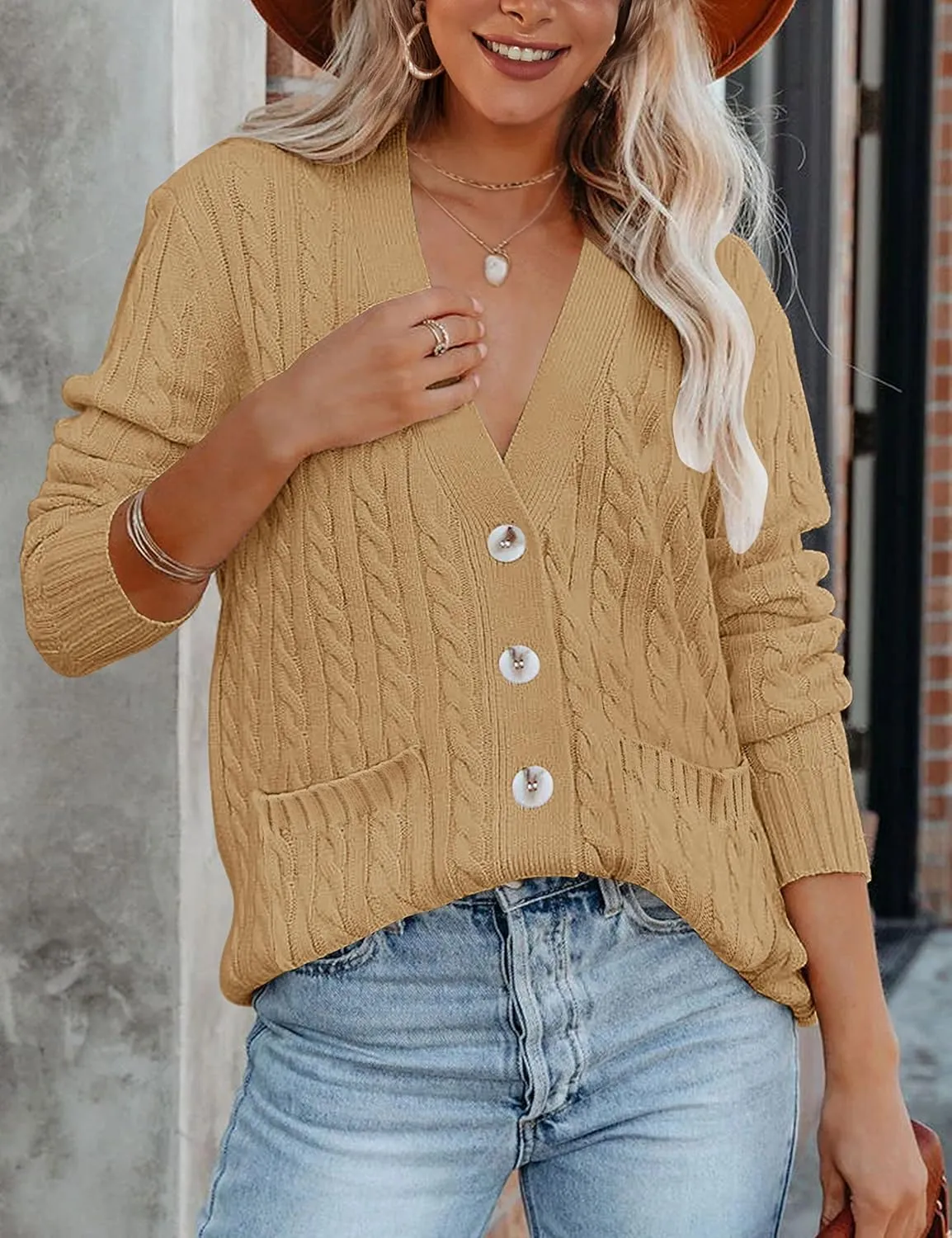 MEROKEETY Women's 2025 Long Sleeve Cable Knit Button Cardigan Sweater Open Front Outwear Coat with Pockets