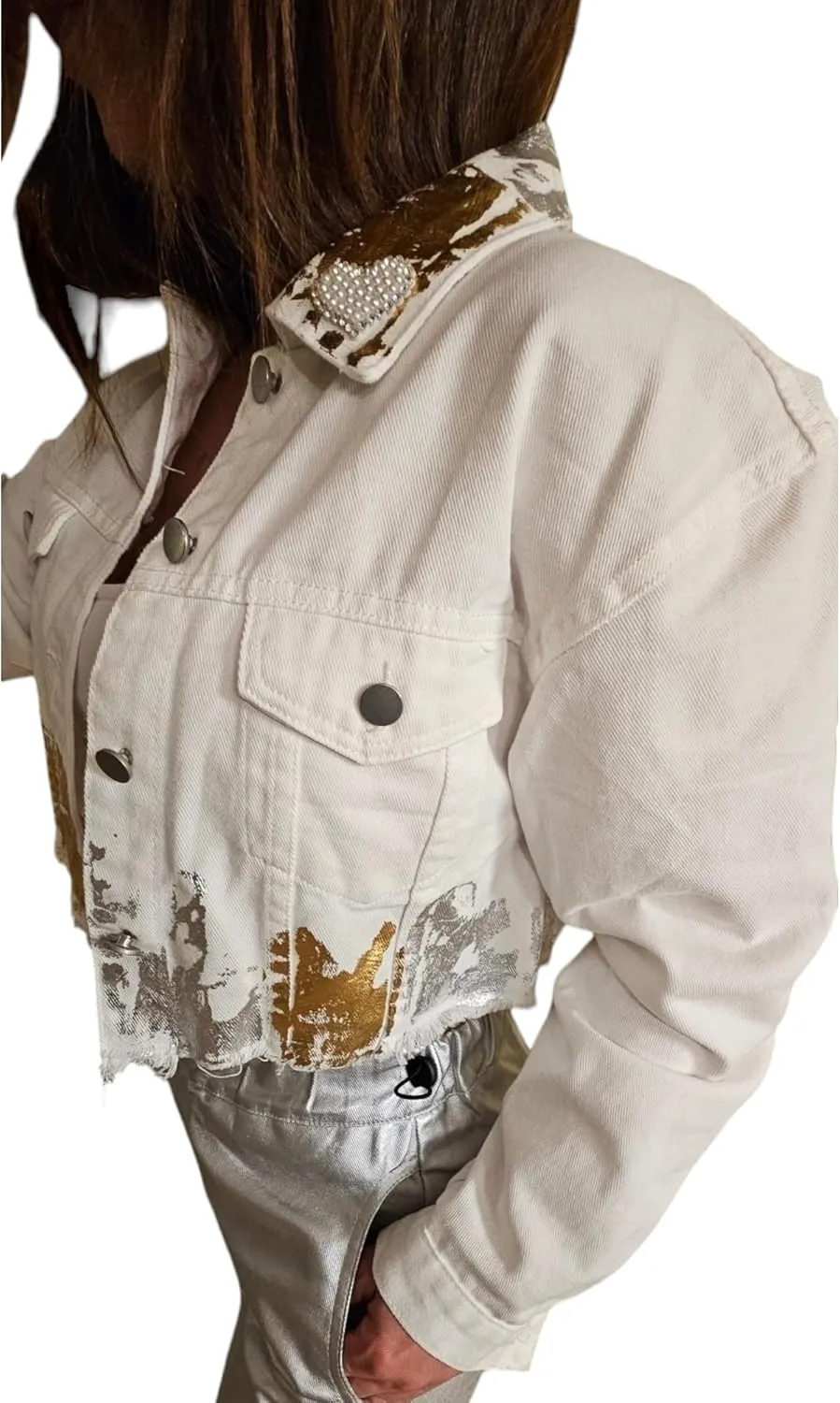 Mia Jeans Jacket for Women with Gold and Silver Paint Design