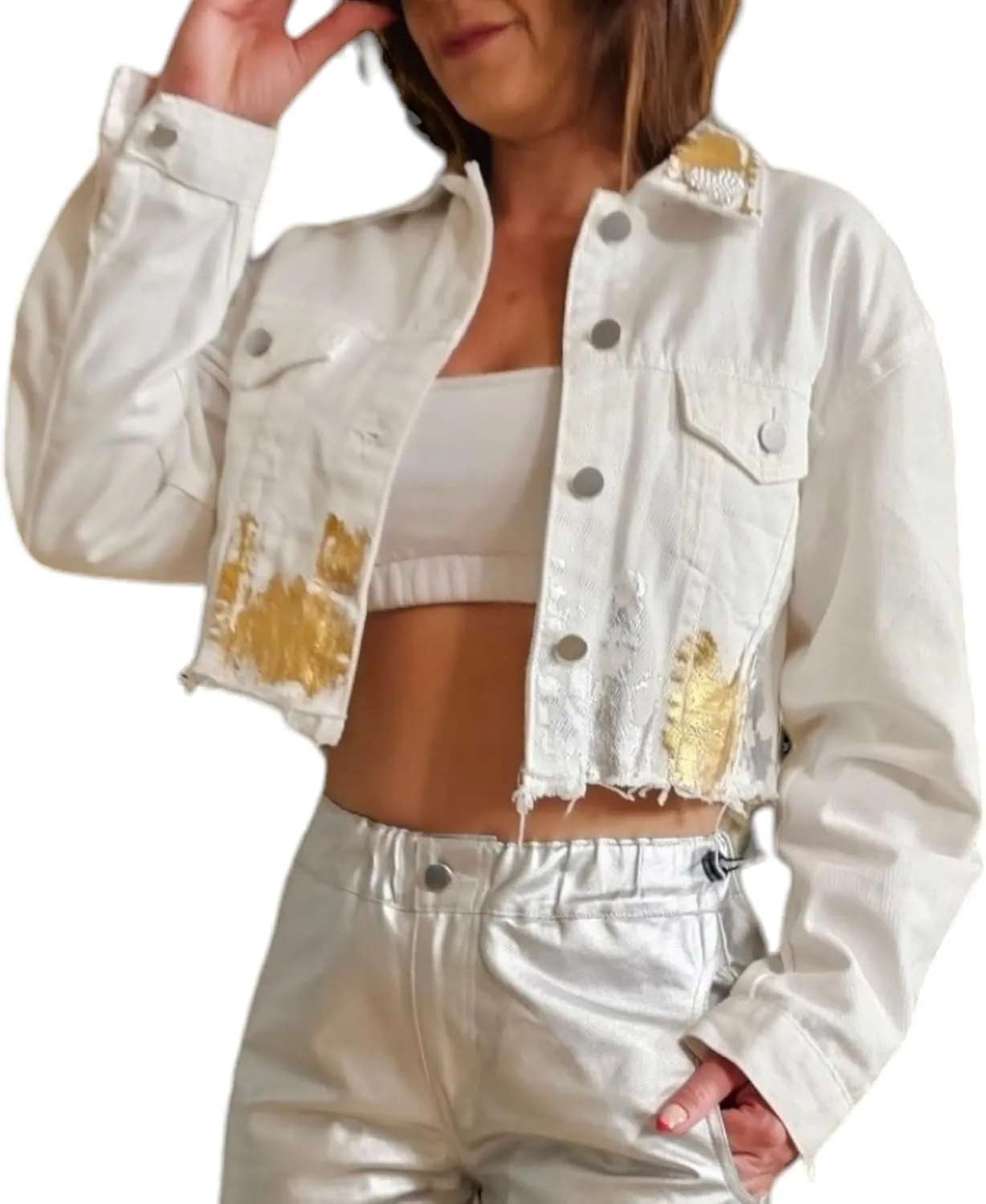 Mia Jeans Jacket for Women with Gold and Silver Paint Design
