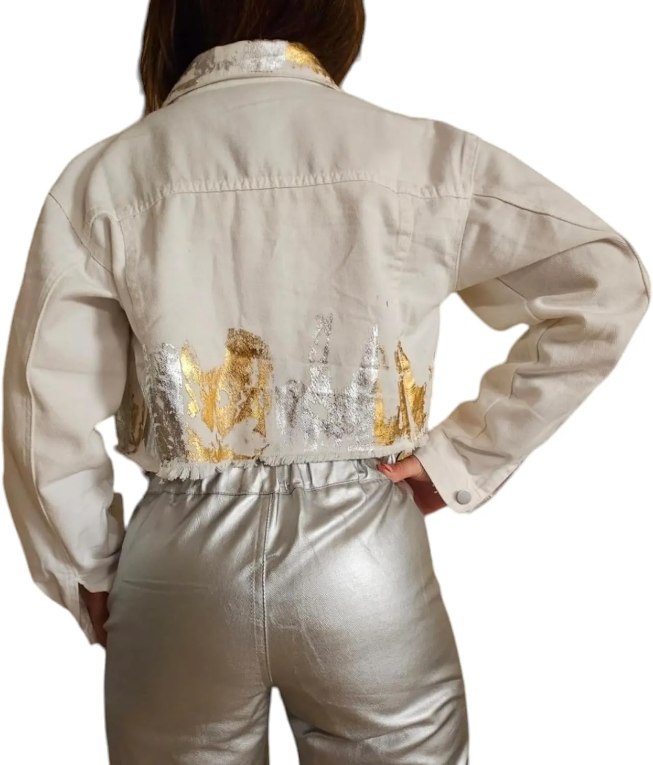 Mia Jeans Jacket for Women with Gold and Silver Paint Design