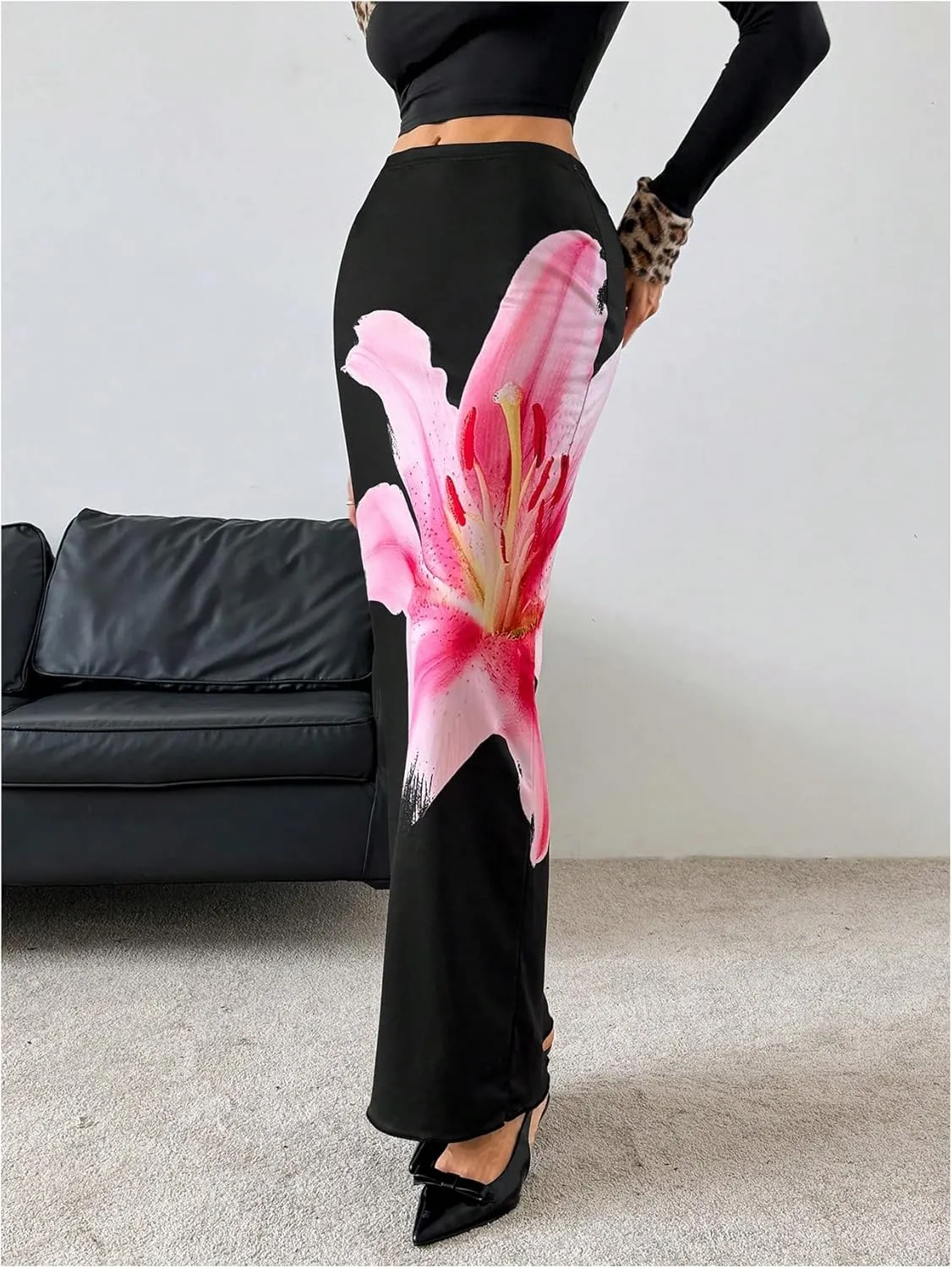 Milumia Women Floral Print Bodycon Long Skirt High Rise Wavy Hem Maxi Skirts