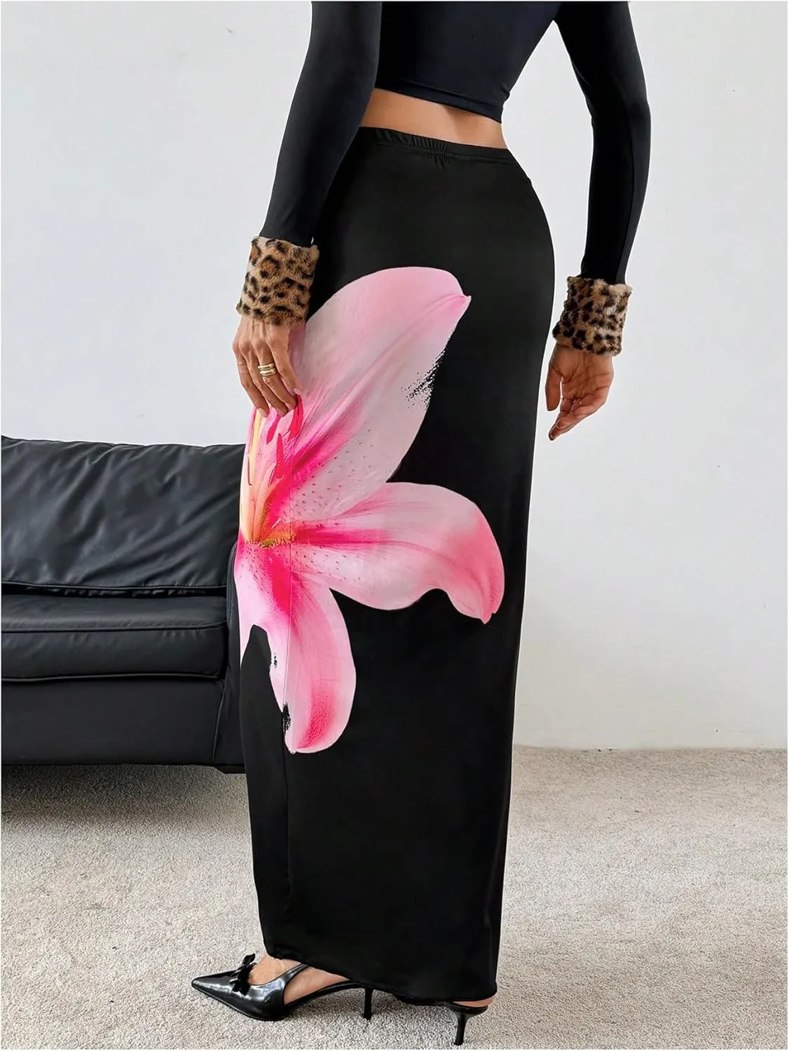 Milumia Women Floral Print Bodycon Long Skirt High Rise Wavy Hem Maxi Skirts