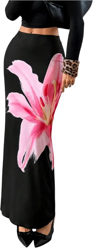 Milumia Women Floral Print Bodycon Long Skirt High Rise Wavy Hem Maxi Skirts