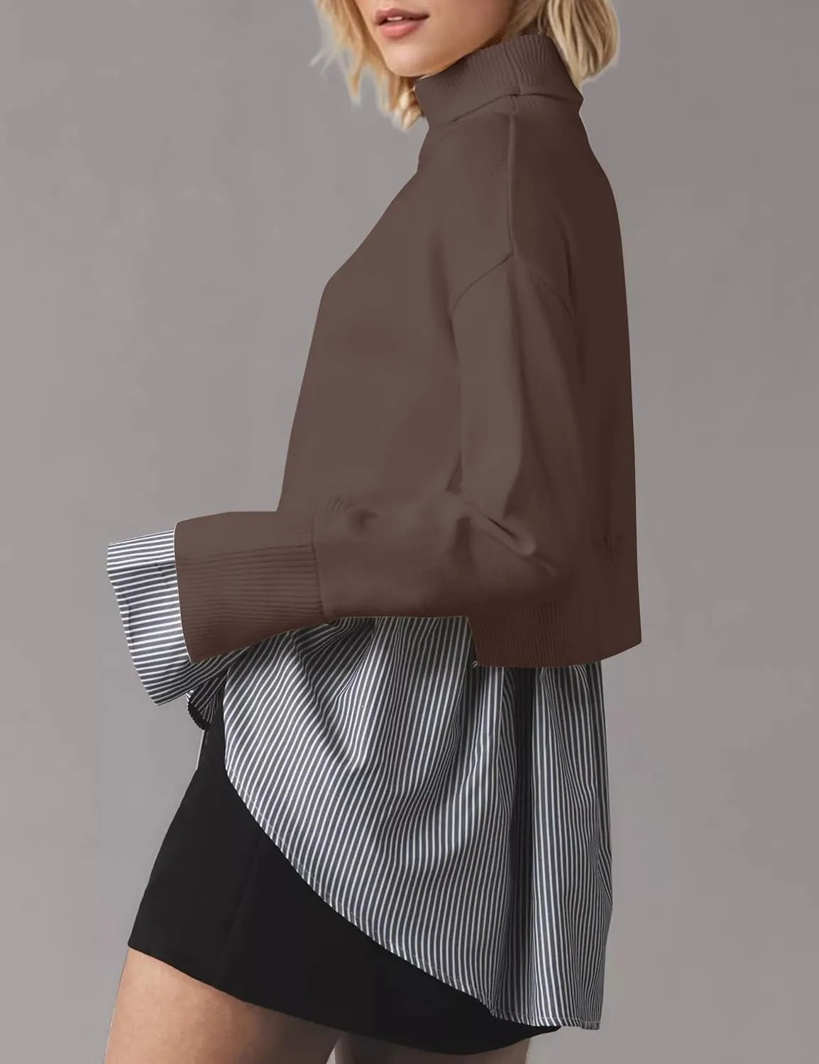 MISSACTIVER Women Slit Turtleneck Patchwork Sweater 2 in 1 Buttons Down Pullover Knit Sweater Asymmetrical Hem Shirt Top