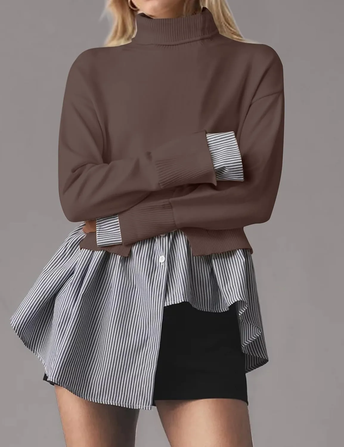 MISSACTIVER Women Slit Turtleneck Patchwork Sweater 2 in 1 Buttons Down Pullover Knit Sweater Asymmetrical Hem Shirt Top