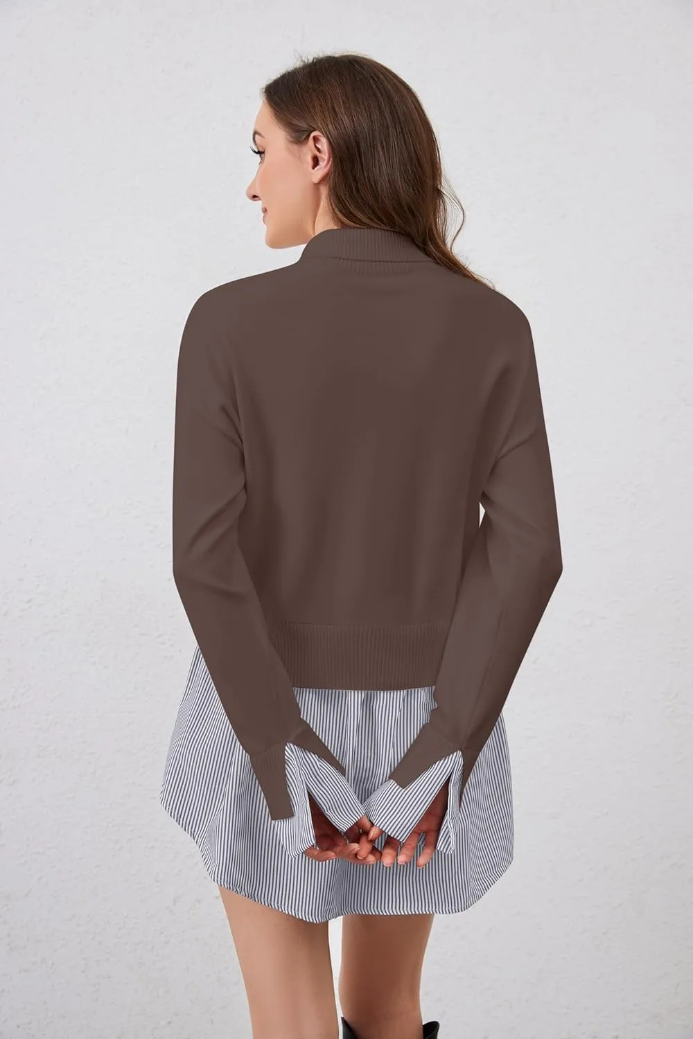 MISSACTIVER Women Slit Turtleneck Patchwork Sweater 2 in 1 Buttons Down Pullover Knit Sweater Asymmetrical Hem Shirt Top