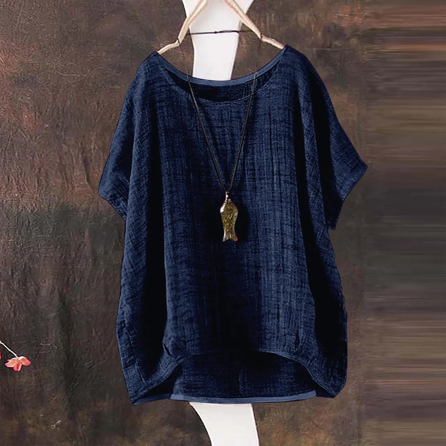 Miyaomn Women's Casual Linen Shirts Oversized Short Sleeve Crewneck Loose Fit Tees Blouse Summer Lightweight Solid Tunic Tops