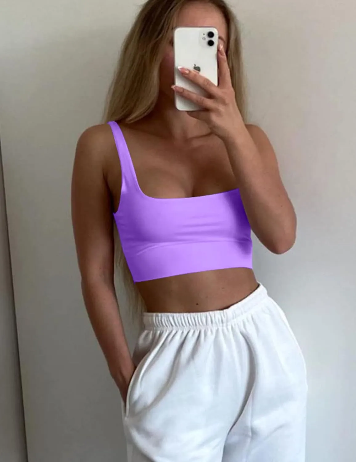 Mizoci Women's Basic Sleeveless Square Neck Cropped Double Layer Sexy Crop Tank Top