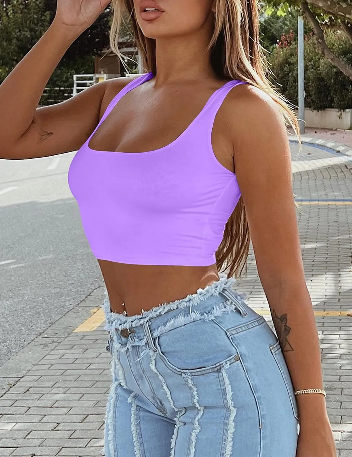 Mizoci Women's Basic Sleeveless Square Neck Cropped Double Layer Sexy Crop Tank Top