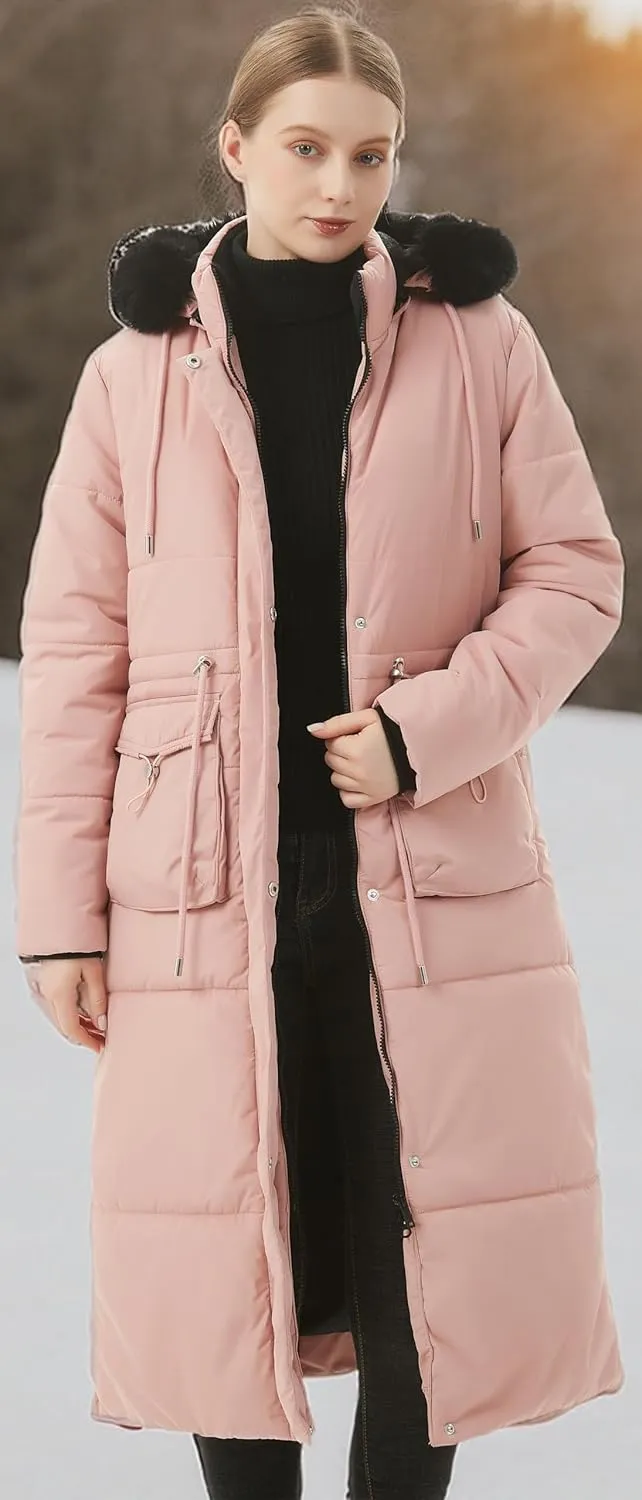 MOERDENG Women's Long Winter Puffer Coat Waterproof Warm Maxi Down Jacket Faux Fur Removable Hood Parka