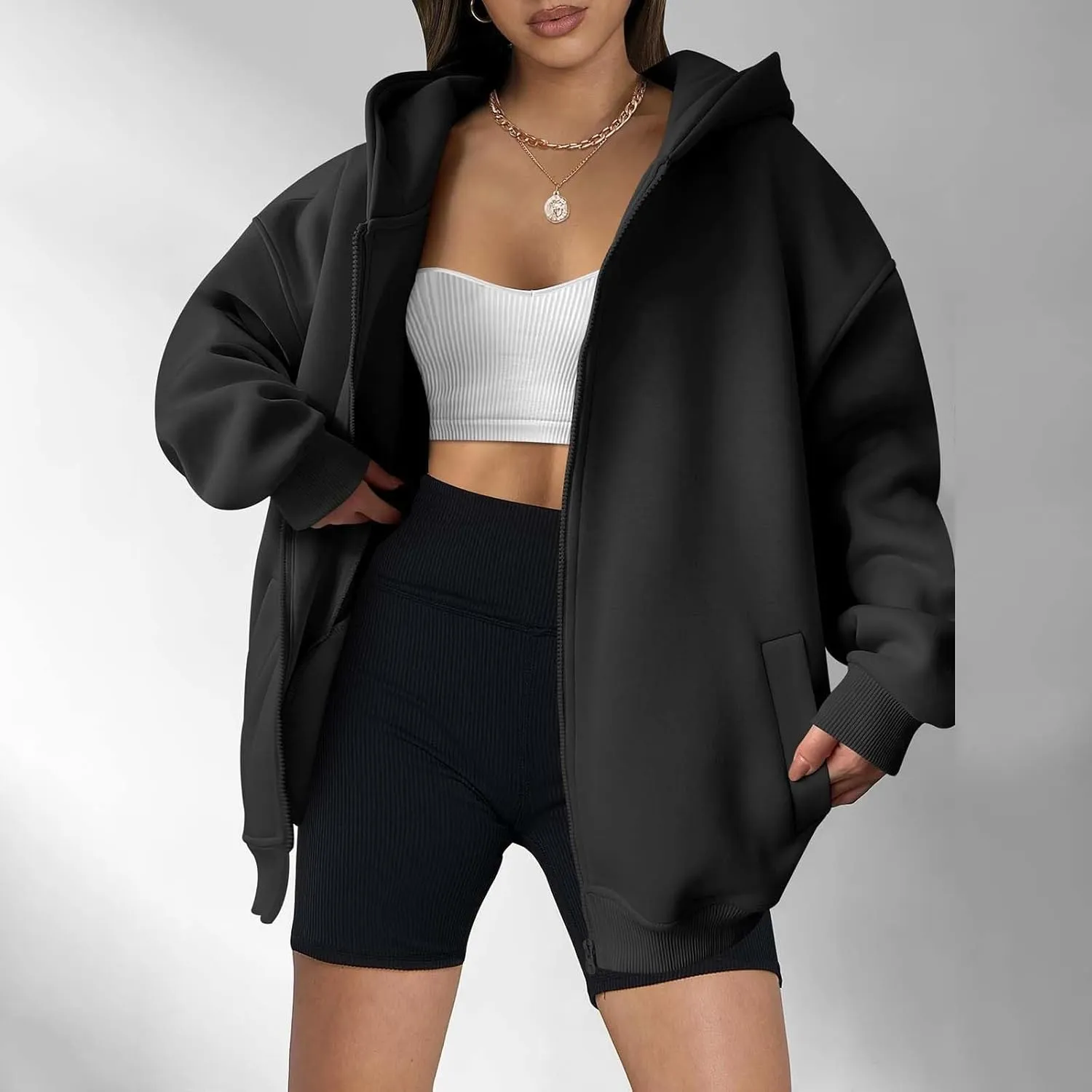 MRGIINRI Womens Zip Up Hoodies 2024 Fall Trendy Oversized Sweatshirts Long Sleeve Fleece Jackets Coat Workout Y2K Outfits