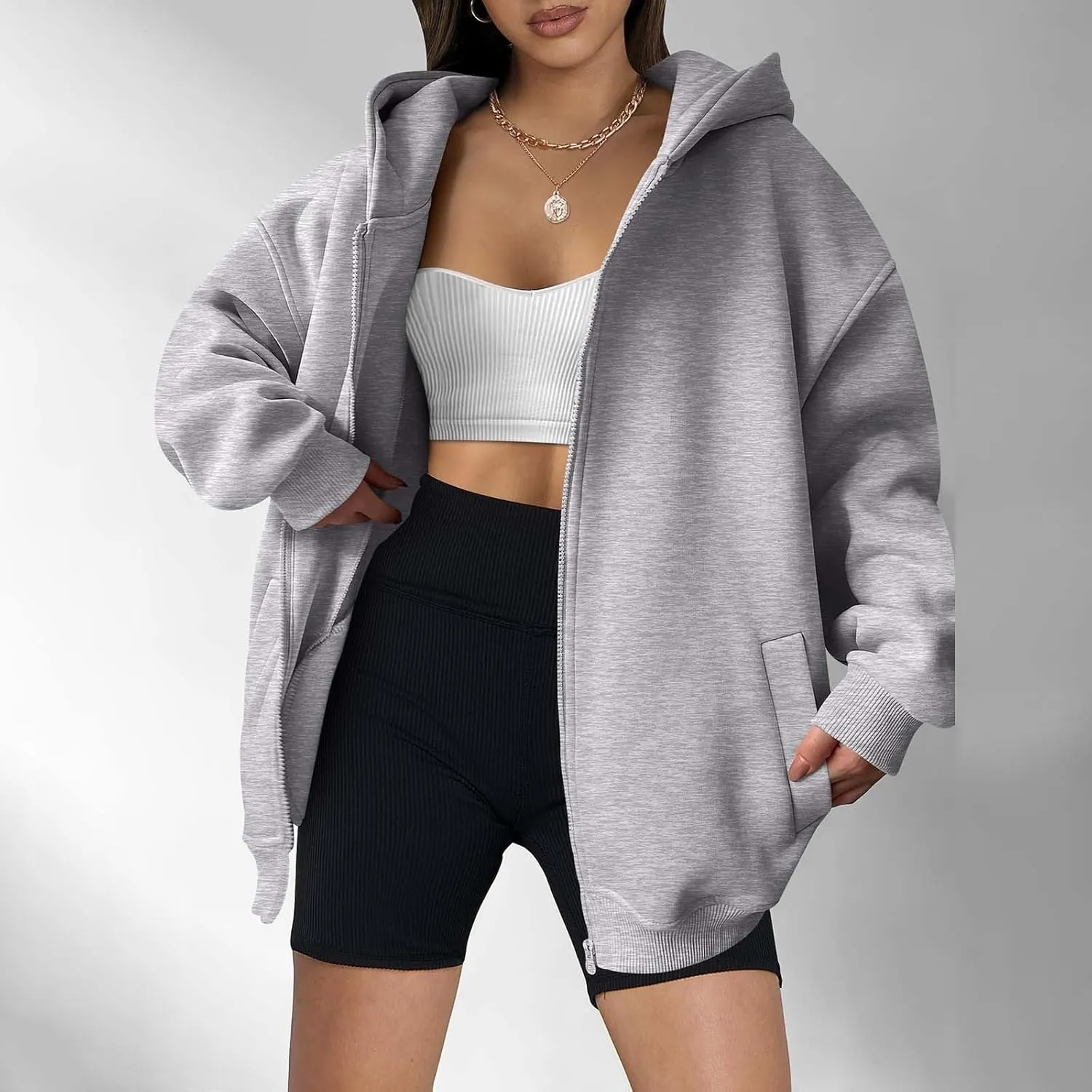 MRGIINRI Womens Zip Up Hoodies 2024 Fall Trendy Oversized Sweatshirts Long Sleeve Fleece Jackets Coat Workout Y2K Outfits
