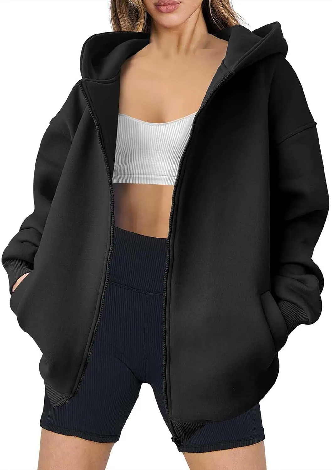 MRGIINRI Womens Zip Up Hoodies 2024 Fall Trendy Oversized Sweatshirts Long Sleeve Fleece Jackets Coat Workout Y2K Outfits