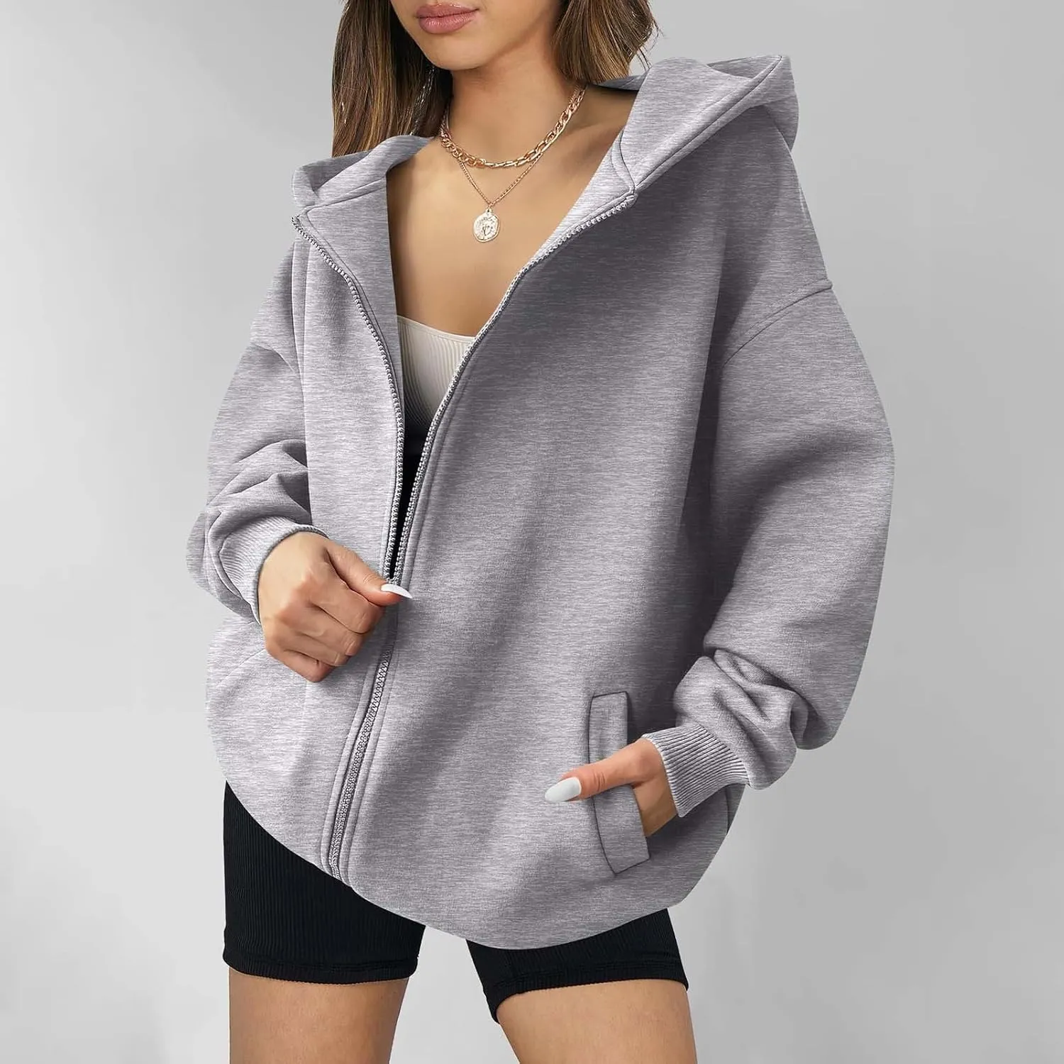 MRGIINRI Womens Zip Up Hoodies 2024 Fall Trendy Oversized Sweatshirts Long Sleeve Fleece Jackets Coat Workout Y2K Outfits