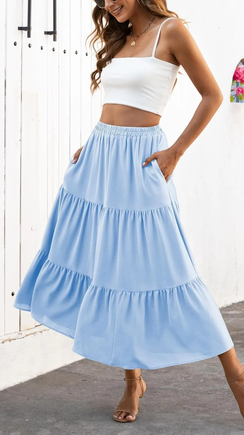 Naggoo Women's Summer Maxi Skirt Tiered A Line Ruffle Elastic High Waisted Flowy Beach Long Skirts with Pockets