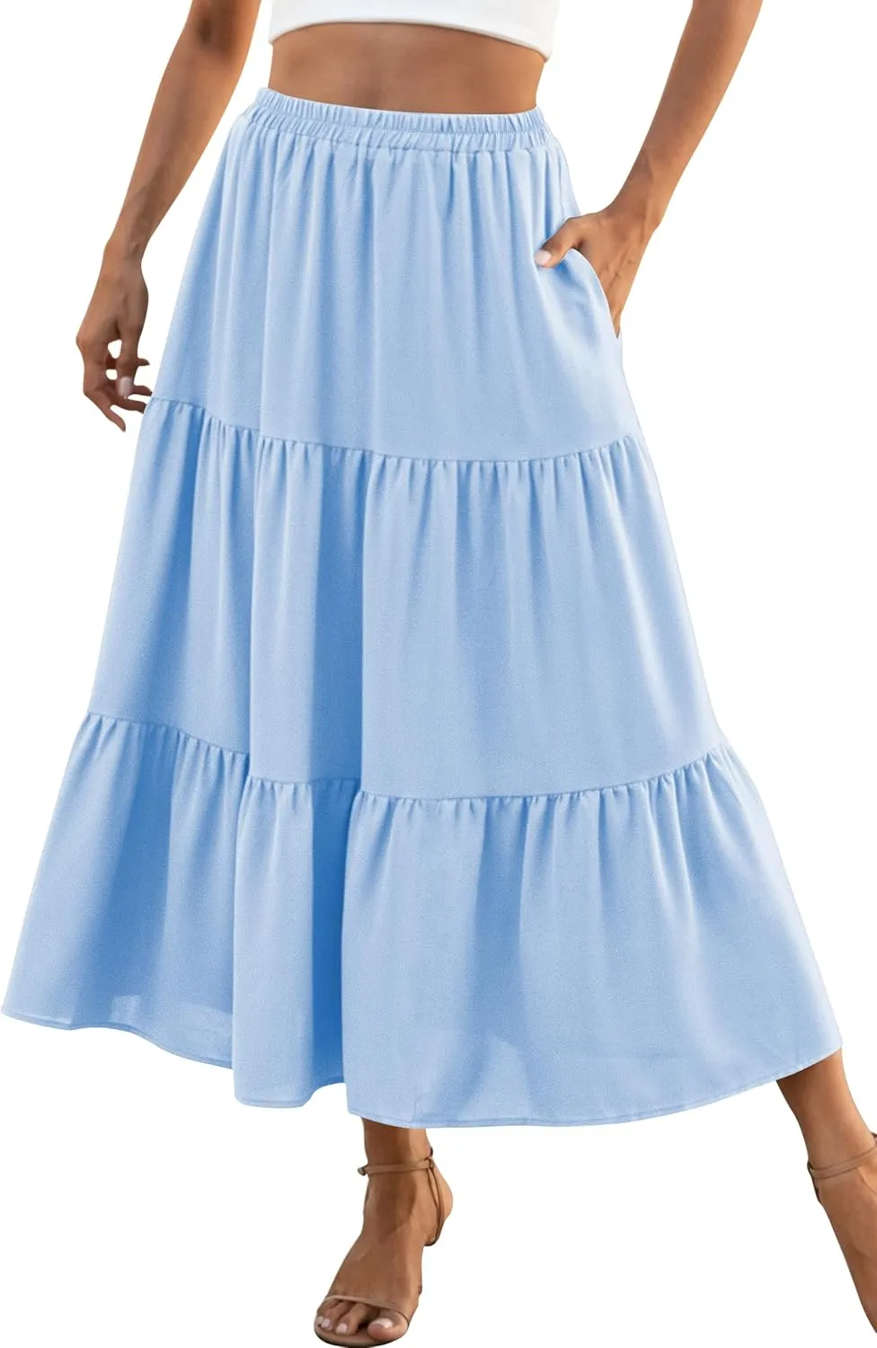 Naggoo Women's Summer Maxi Skirt Tiered A Line Ruffle Elastic High Waisted Flowy Beach Long Skirts with Pockets