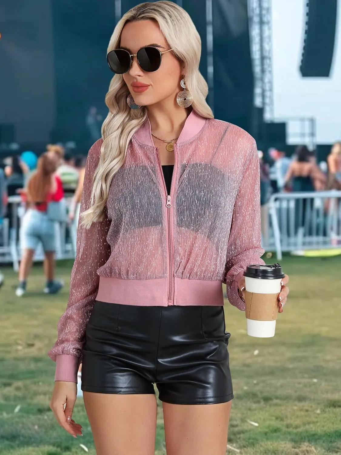 Nlife Women Sheer Mesh Sparkly Bomber Jackets See Thru Glitter Shiny Rave Lightweight Zip Up Crop Jacket Outwear