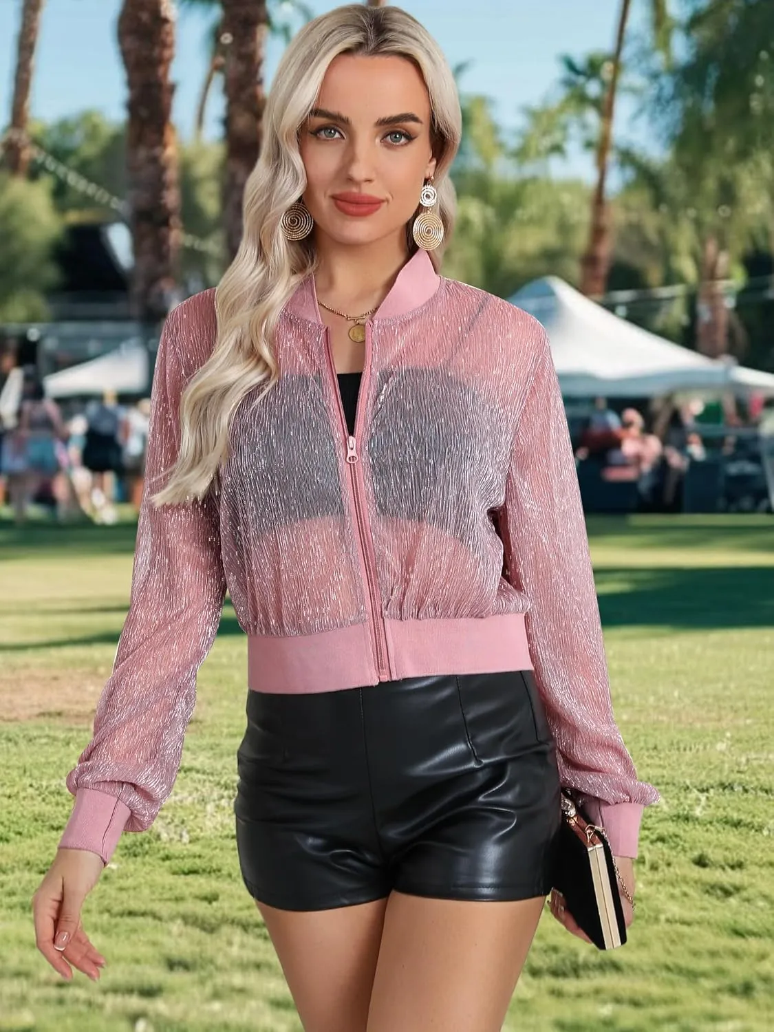 Nlife Women Sheer Mesh Sparkly Bomber Jackets See Thru Glitter Shiny Rave Lightweight Zip Up Crop Jacket Outwear