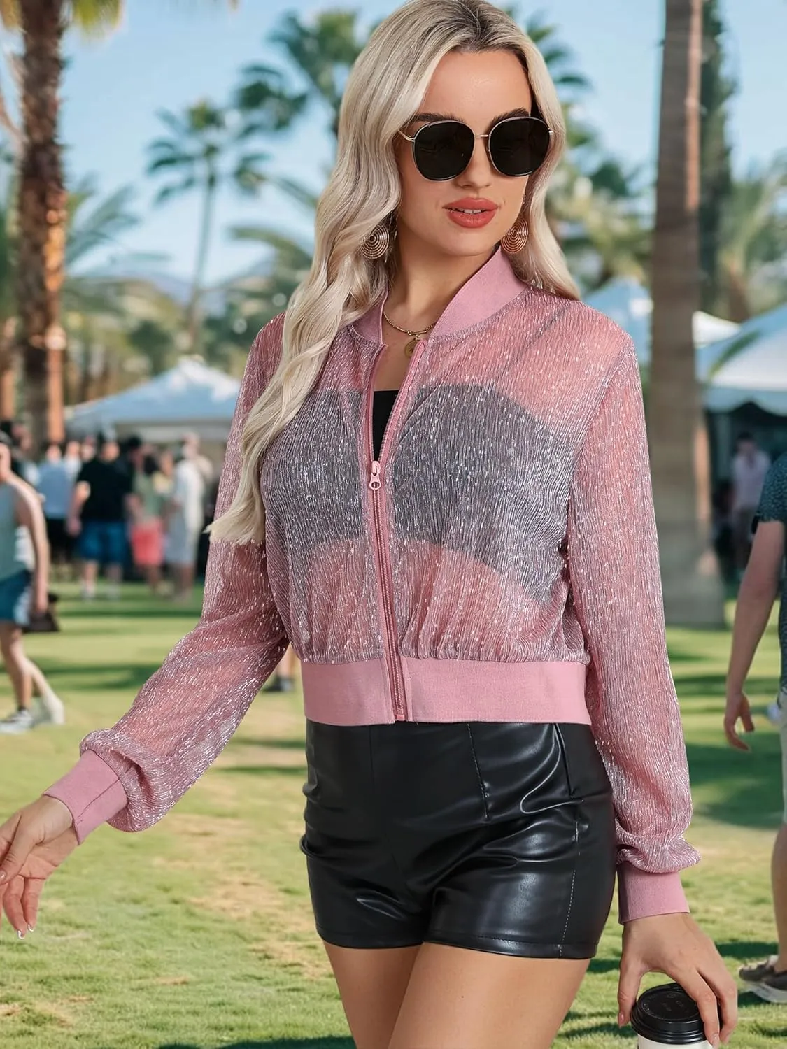 Nlife Women Sheer Mesh Sparkly Bomber Jackets See Thru Glitter Shiny Rave Lightweight Zip Up Crop Jacket Outwear