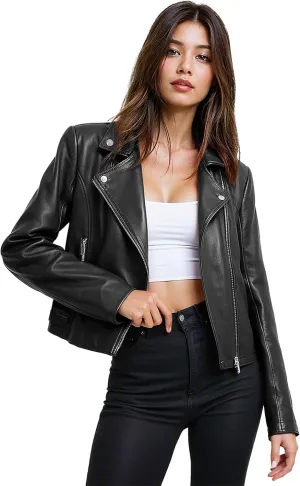 Olivia Miller Women's Faux Leather Moto Biker Jacket Long Sleeve Zip Jacket
