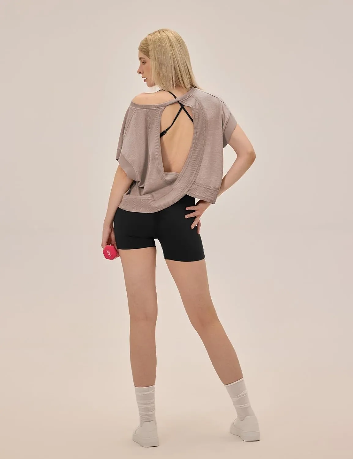 Open Back Workout Tops for Women Loose Fit Athletic Crop Tee Short Sleeve Gym Running Yoga Shirt