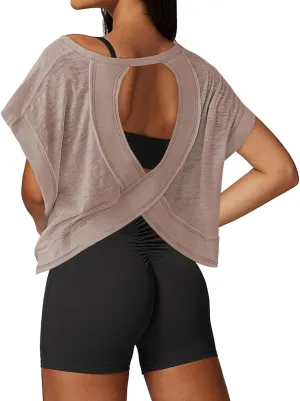 Open Back Workout Tops for Women Loose Fit Athletic Crop Tee Short Sleeve Gym Running Yoga Shirt
