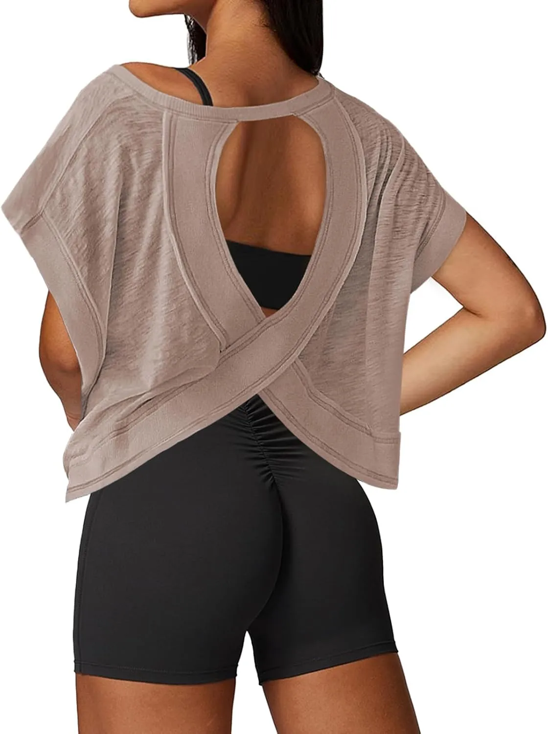 Open Back Workout Tops for Women Loose Fit Athletic Crop Tee Short Sleeve Gym Running Yoga Shirt