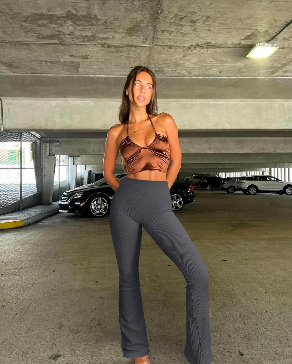 OQQ Women's Flare Pants Ribbed Seamless Workout High Waist Bell Bottoms Pants