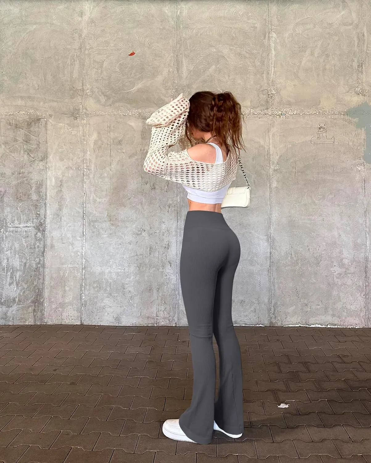 OQQ Women's Flare Pants Ribbed Seamless Workout High Waist Bell Bottoms Pants