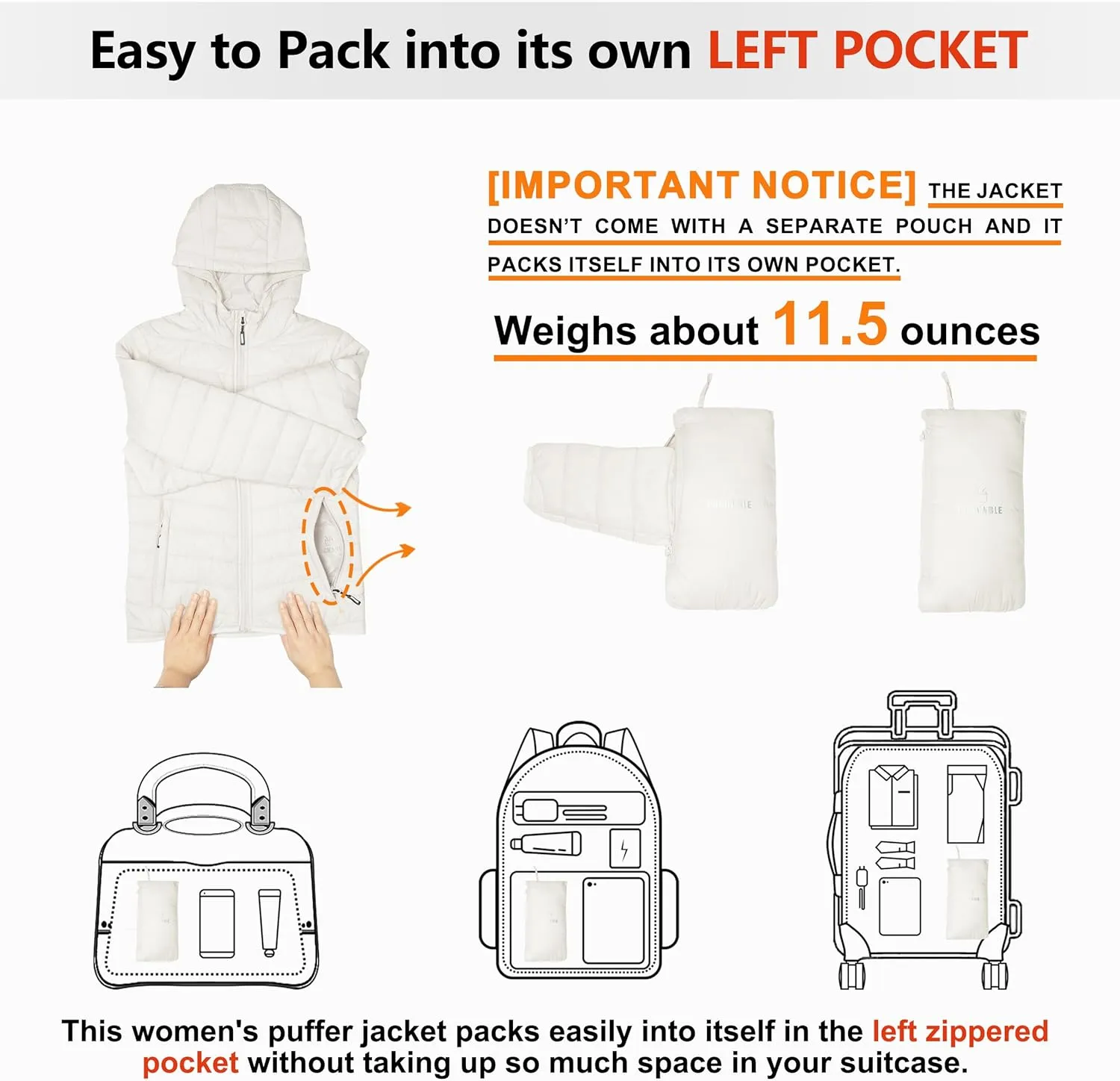 Outdoor Ventures Women's Packable Lightweight Full-Zip Puffer Jacket with Hood Quilted Winter Coat