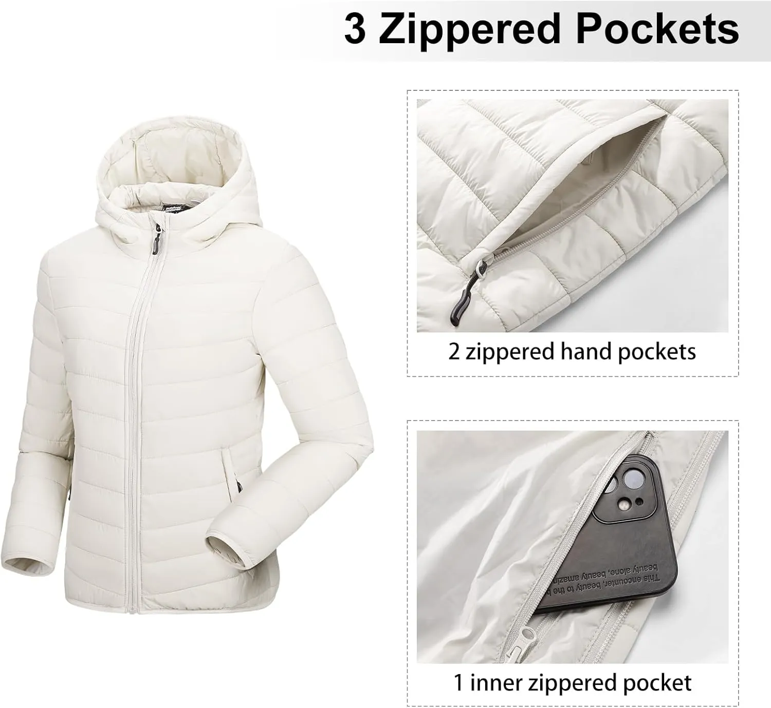 Outdoor Ventures Women's Packable Lightweight Full-Zip Puffer Jacket with Hood Quilted Winter Coat
