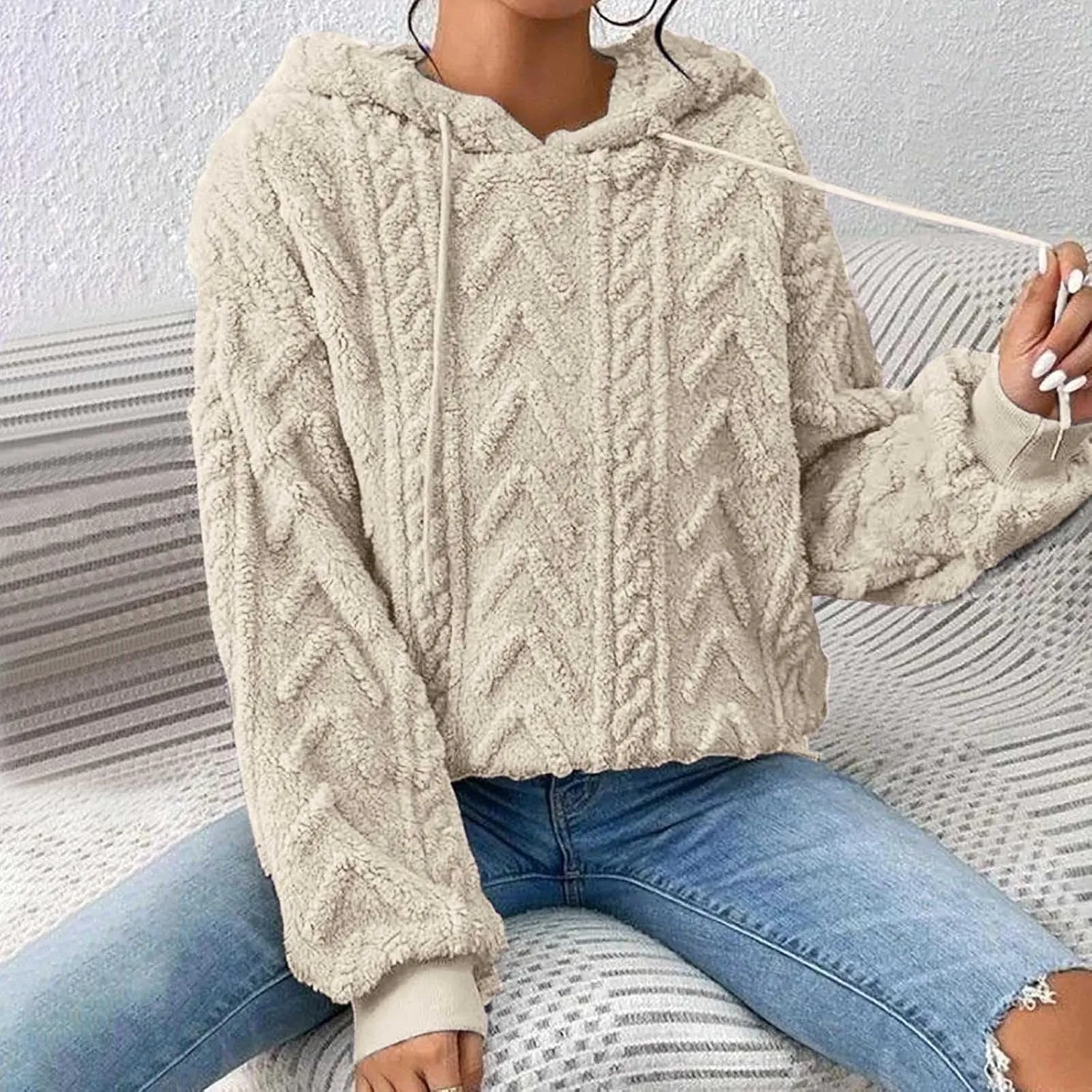 Oversized Hoodie For Women, Cable Knit Fuzzy Pullover Sweatshirt, Fall Clothes