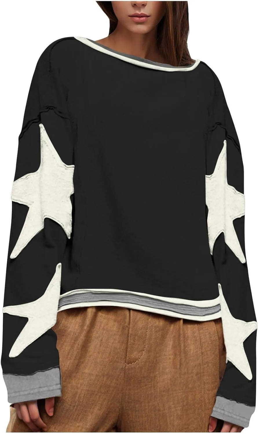 Oversized Star Graphic Sweatshirts for Women Crewneck Long Sleeve Casual Sweater Pullover Tops Drop Shoulder Shirt