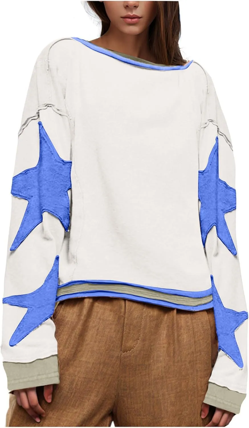 Oversized Star Graphic Sweatshirts for Women Crewneck Long Sleeve Casual Sweater Pullover Tops Drop Shoulder Shirt