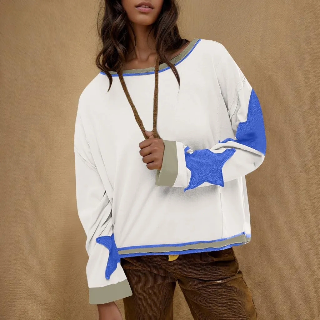 Oversized Star Graphic Sweatshirts for Women Crewneck Long Sleeve Casual Sweater Pullover Tops Drop Shoulder Shirt