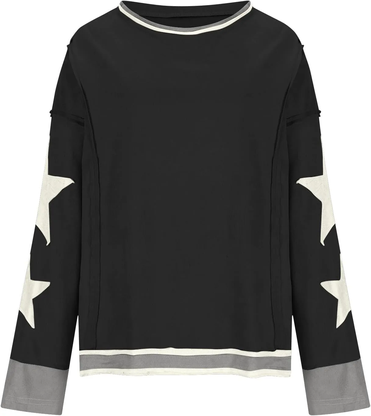Oversized Star Graphic Sweatshirts for Women Crewneck Long Sleeve Casual Sweater Pullover Tops Drop Shoulder Shirt