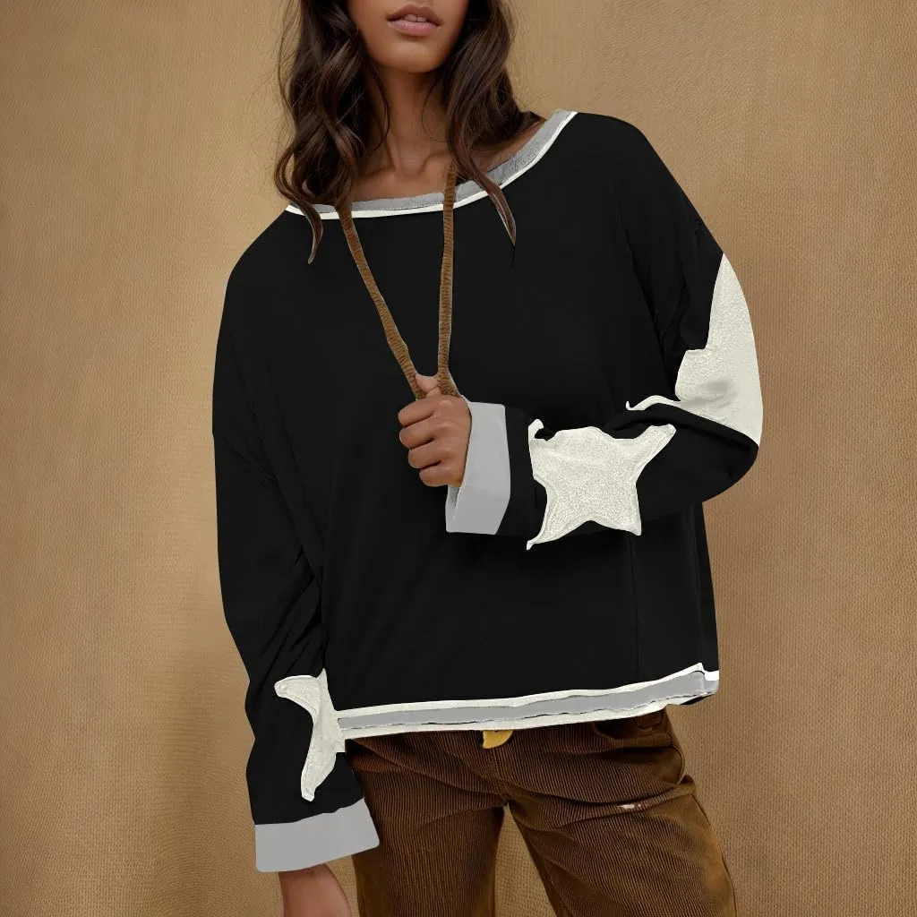 Oversized Star Graphic Sweatshirts for Women Crewneck Long Sleeve Casual Sweater Pullover Tops Drop Shoulder Shirt